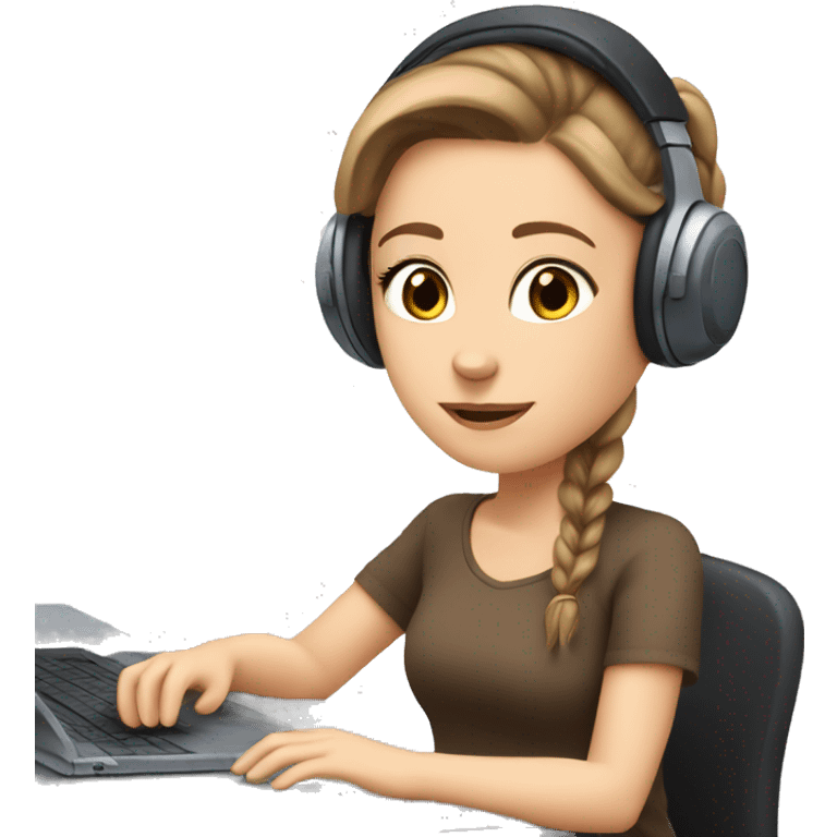 white girl at desk, brown hair, ponytail, blue eyes, computer, headphones emoji