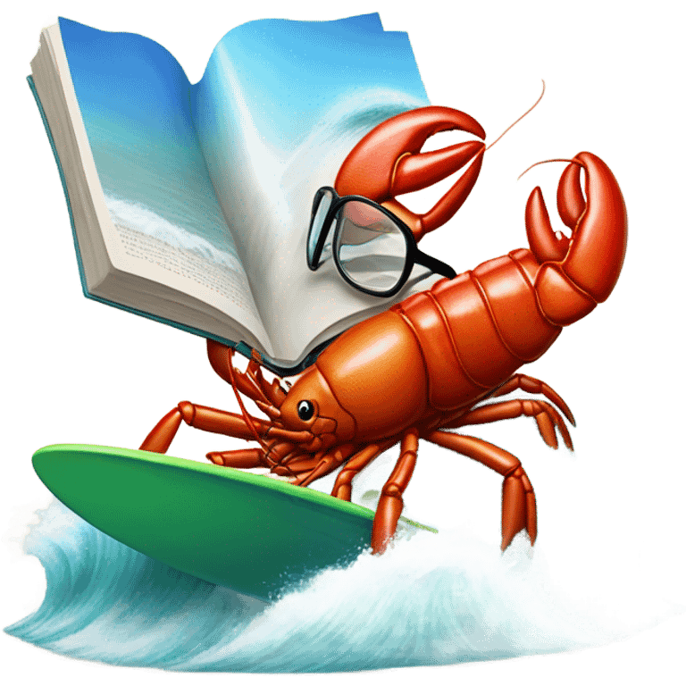 A lobster with glasses, reading fine literature as he is surfing on a surfboard, riding a huge tidal wave  emoji