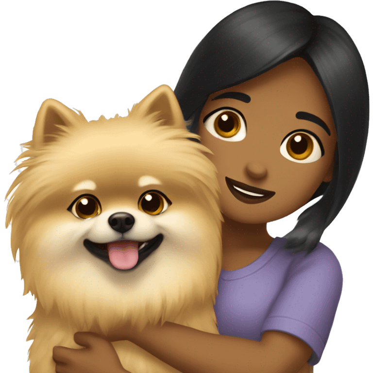 Girl hugging pomeranian. The girl has black hair and medium skin. The pomeranian has fluffy fur and it’s beige. emoji