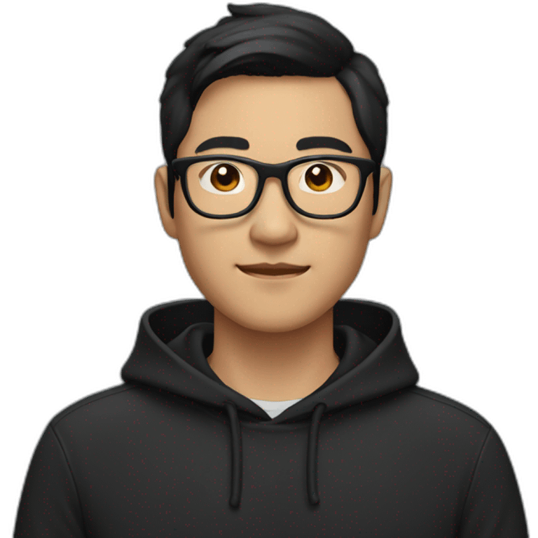 asian man with glasses dark haired wearing a black hoodie with a subtle mustache emoji