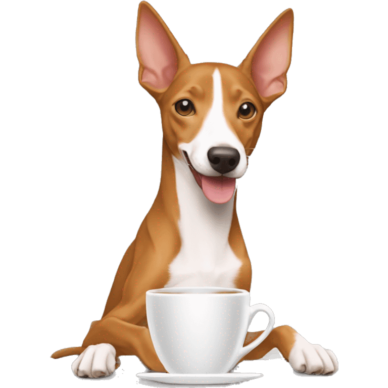 Un podenco marrón tomando una taza de café emoji