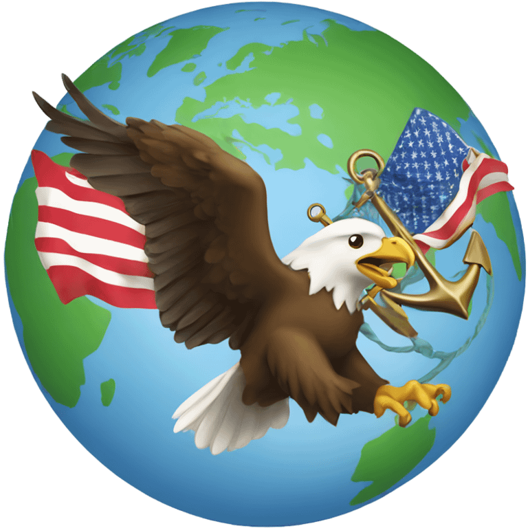 Eagle over the globe holding a flag with an anchor behind the world  emoji