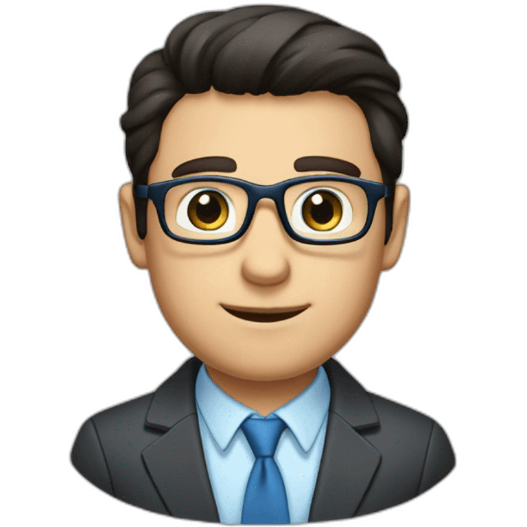 dark-haired guy with square glasses, in a repairman's suit, blue eyes, emoji