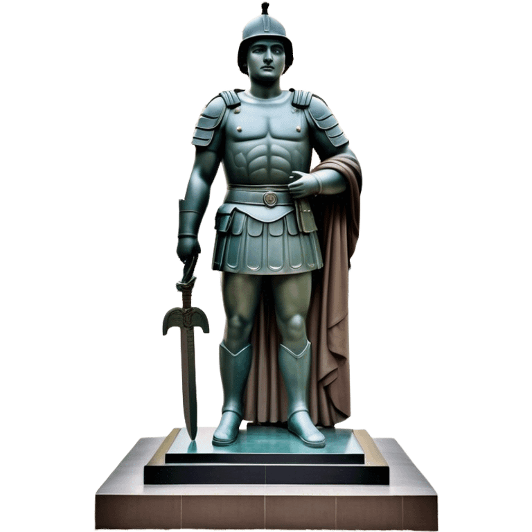 Cinematic Realistic Roman Soldier Statue at Botero Square Landmark Emoji, depicted as a striking, larger-than-life sculpture rendered with rich detail and dynamic, urban lighting. emoji