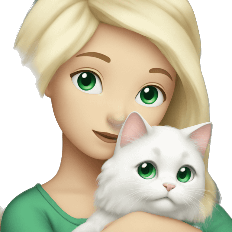 Blonde girl with blue eyes snuggling fluffy white cat with green eyes emoji