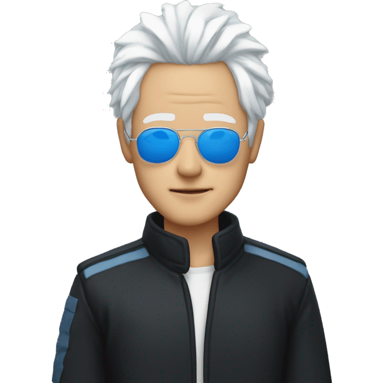 Gojo satoru, japanese man with messy white hair wearing a black high collar jacket, a pair of blue aviators, and has blue eyes emoji