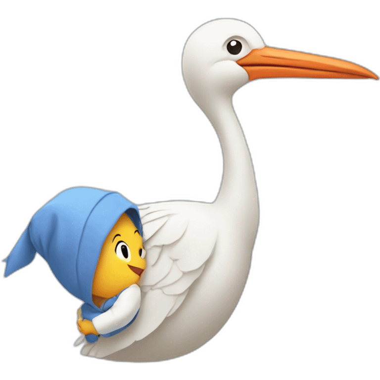 stork delivering baby boy in fabric held in its beak emoji