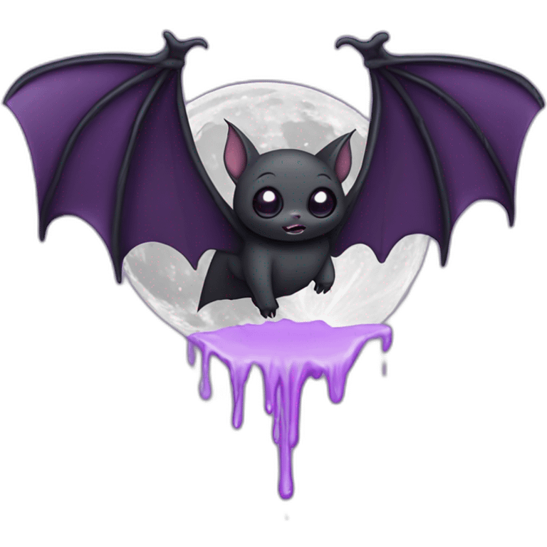 purple black vampire bat wings flying in front of large dripping grey crescent moon emoji