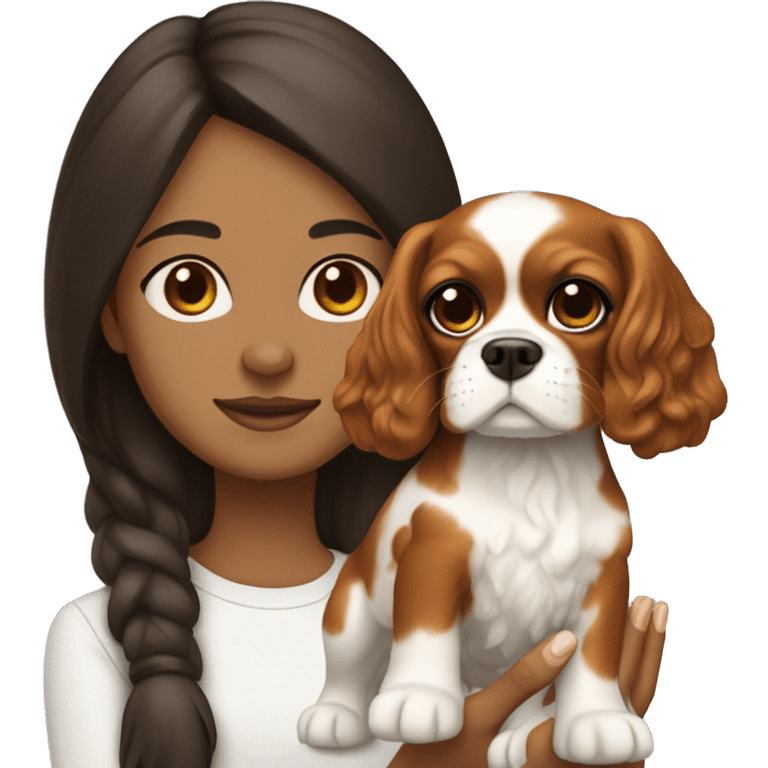 Brunette girl with white skin holding a tricolour cavalier king charles spaniel  emoji