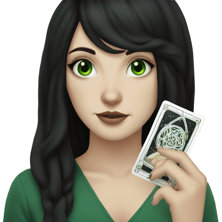 Girl with green eyes, pale skin, black hair and nose ring piercing with taro cards emoji