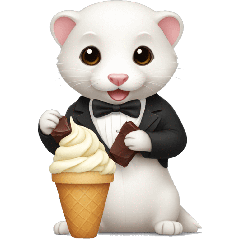 A ferret wearing a tuxedo eating chocolate ice cream emoji