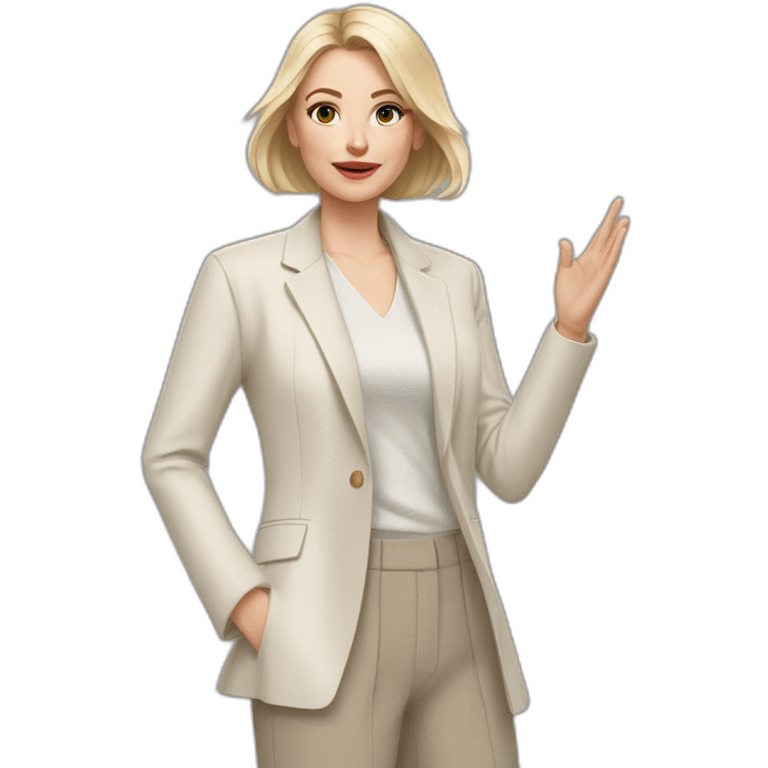 Full height Actively gesturing with hands pale skin woman with ash blonde Straightened bob Hair, White Spacious classical jacket, beige palazzo Arrow pants and gray blouse emoji