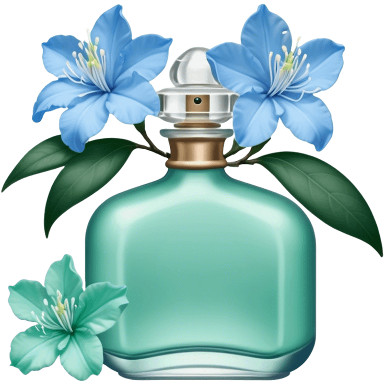 Aesthetic ensemble of soft blue azaleas alongside a charming vintage green perfume bottle.
 emoji