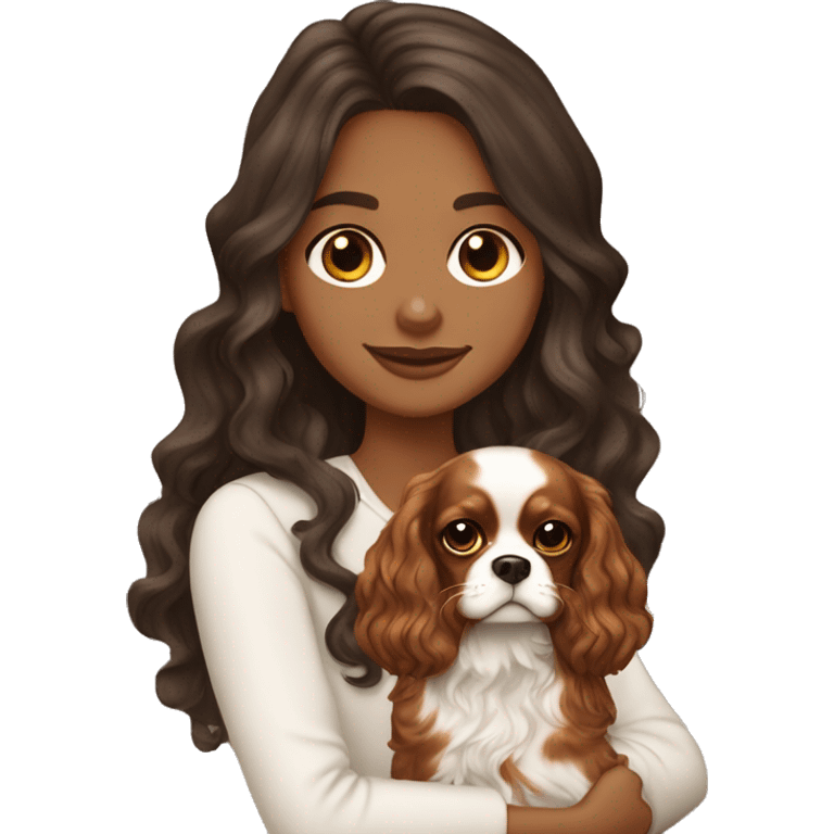 Pretty brunette long wavy hair girl, holding a cute cavalier King Charles spaniel dog with short ears wavy fur emoji