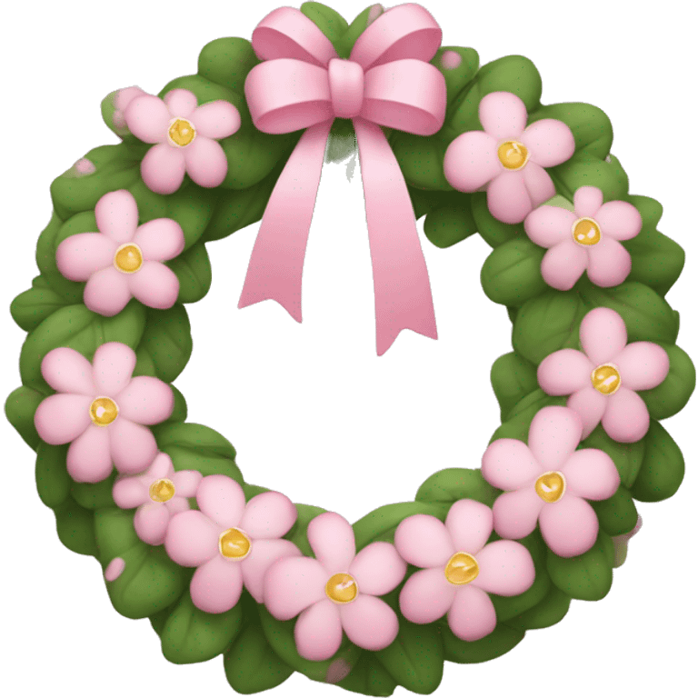 Pink wreath with small white flowers, tiny hearts, and a soft pink ribbon emoji