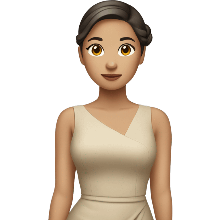 standing filipina girl in a fitted beige dress and a sleek bun hairstyle emoji