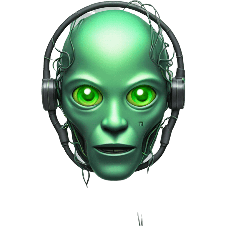 Round Alien cyborg head with glowing wires and green eyes  emoji