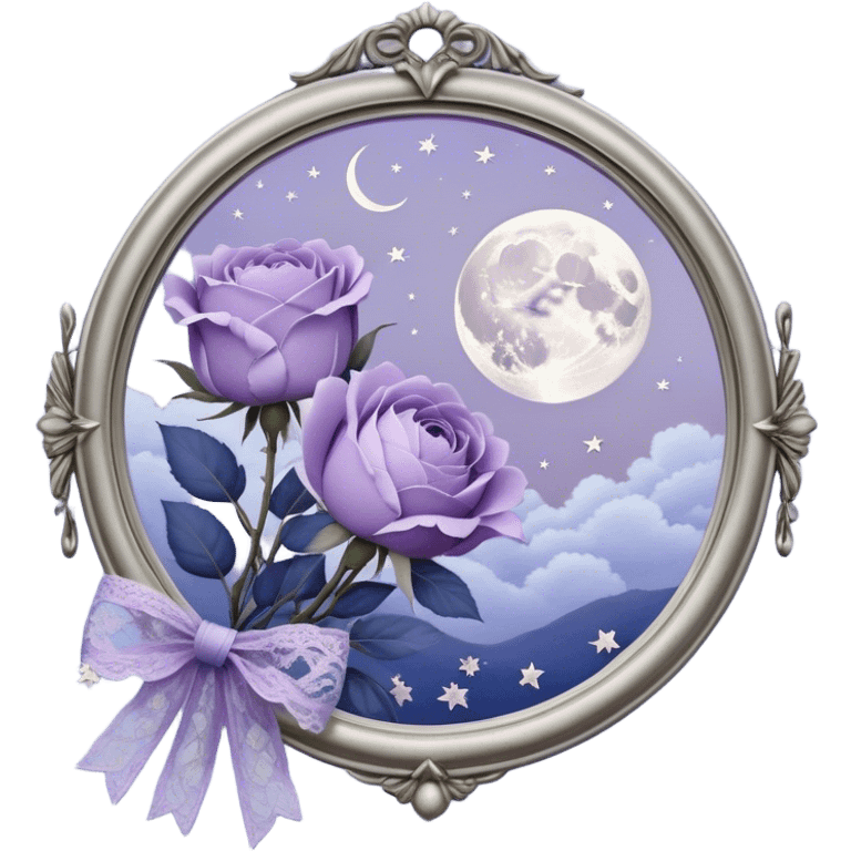 Under the soft light of a vintage brass lantern, a small bundle of lilac roses, indigo peonies, and delicate lavender sprigs is tied with a lace ribbon in a muted violet hue. Above, the sky is scattered with tiny silver stars, reflecting gently in the antique hand mirror with a moon-shaped handle beside the bouquet. emoji