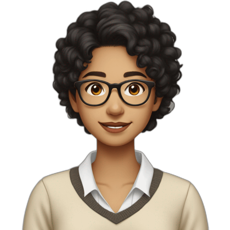 smiling indian teenage girl with black curly hair and glasses wearing a collared long sleeve white shirt under a beige v shaped collar sweatervest with no buttons emoji