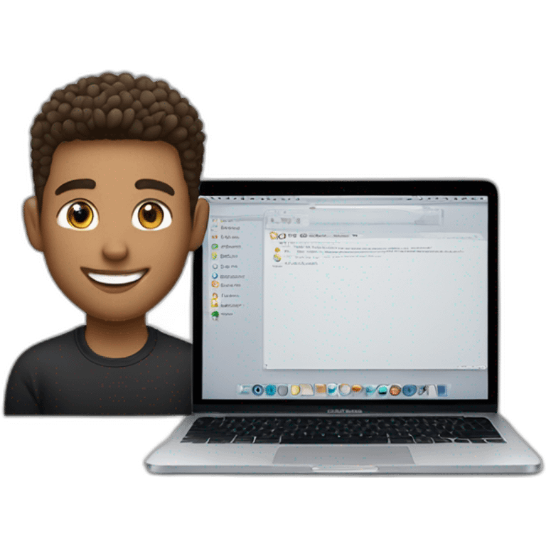 Smiling guy, barber fade haircut, wearing a black quarter zip sweater with white tee shirt under, tan skin tone, working on a MacBook Air emoji