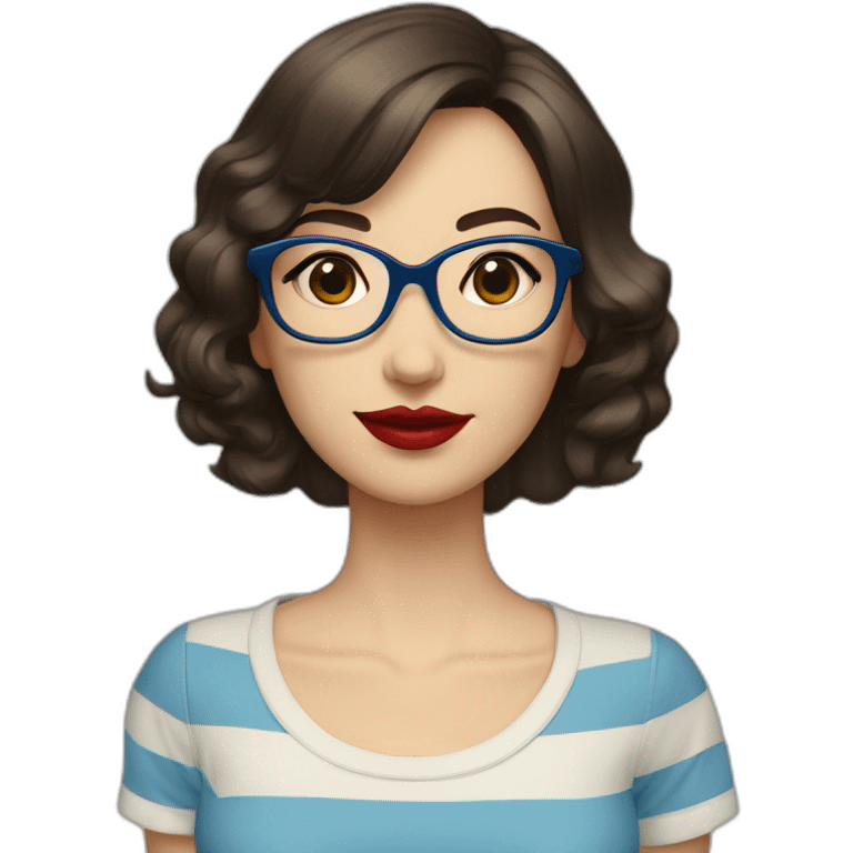 caucasian woman with retro glasses, dark brown hair, a bob haircut, bangs, red lipstick, blue and white striped t shirt emoji