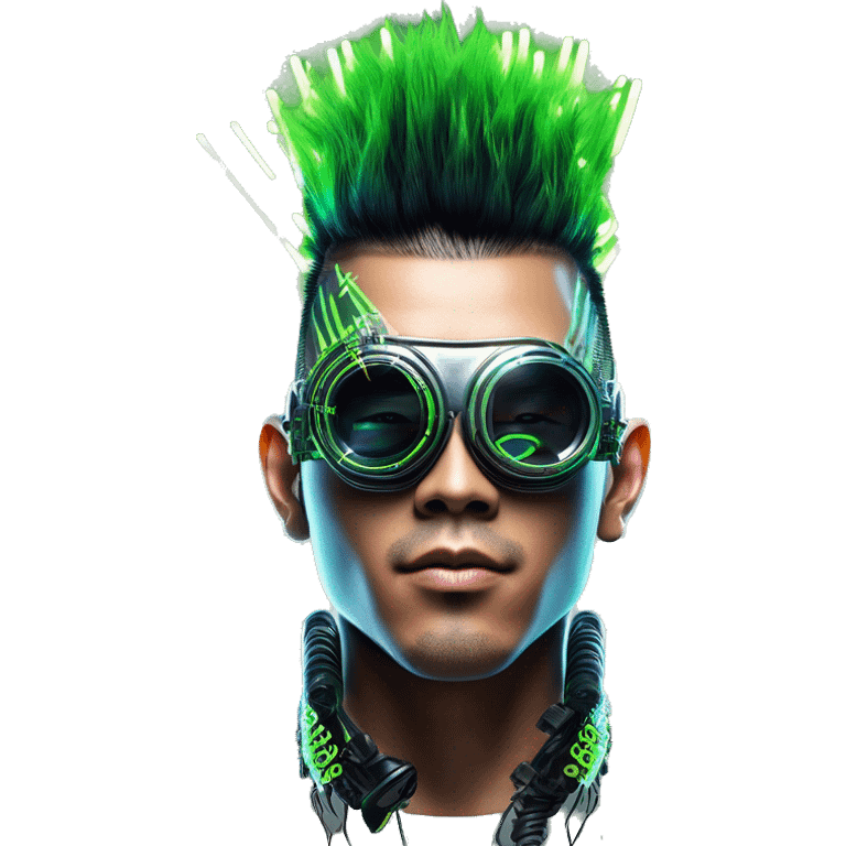 Mohawk hair with neon green highlights Asian male cyborg head with neon silver steampunk goggles and circuits emoji