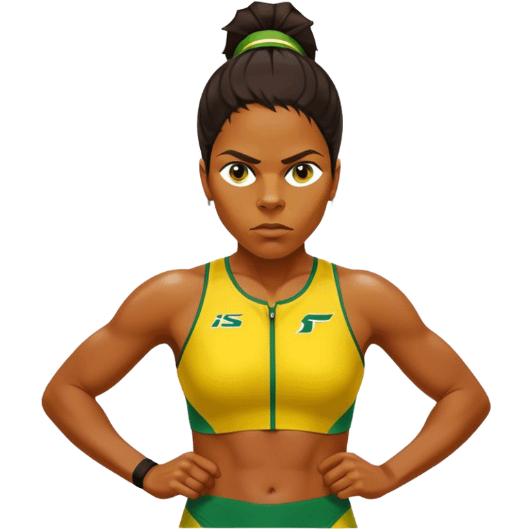 Cinematic Realistic portrait of Cathy Freeman, shown as an iconic Australian sprinter with a focused, determined expression and modern athletic yellow and green attire accented with subtle native motifs, rendered in dynamic, vibrant lighting emoji