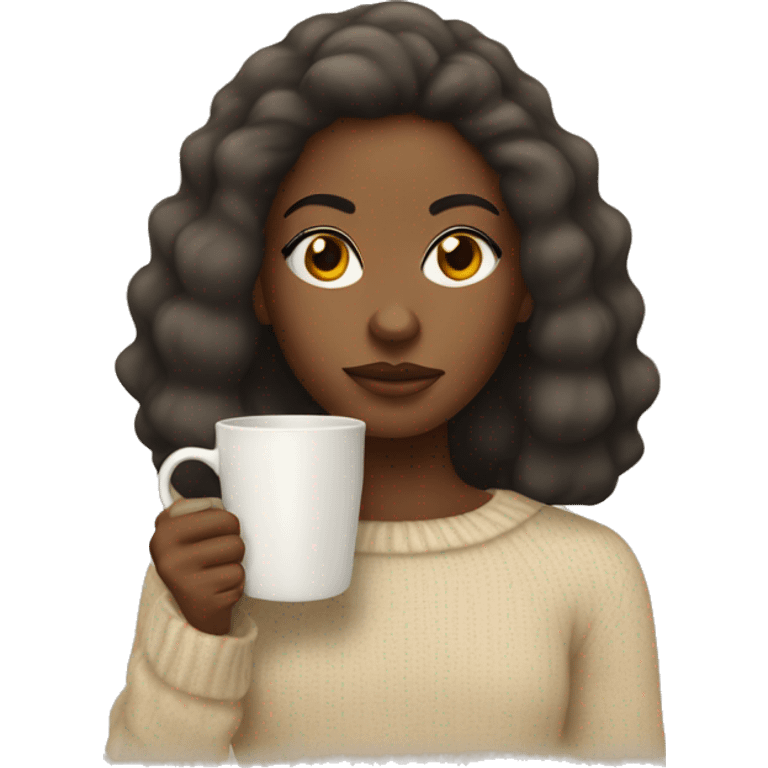 Black girl with a blowout giving a side eye wearing a beige jumper and holding a Christmas mug emoji