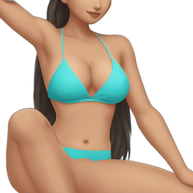 Slim-thicc Caucasian woman bikini hands-in-hair pose (beach body) emoji