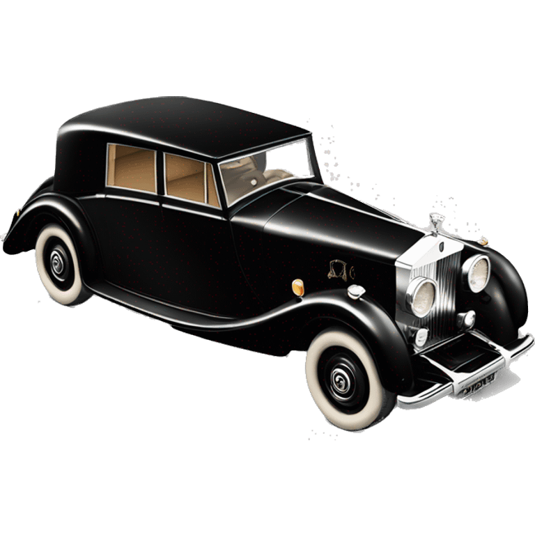 Vintage 1930s Rolls-Royce with sleek black body, round headlights, silver grille, Spirit of Ecstasy hood ornament, and chrome wheel caps emoji