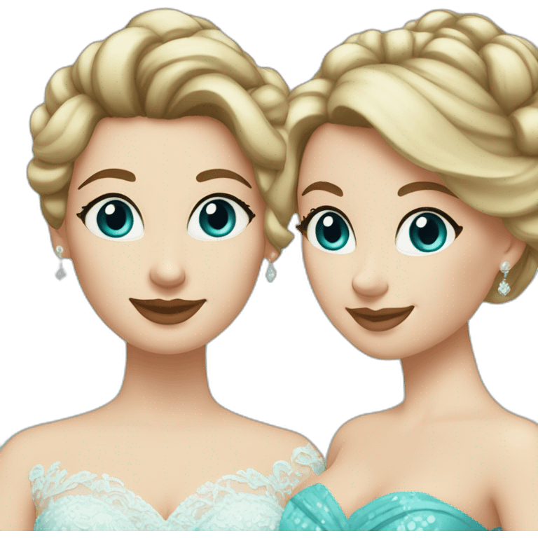 Bride with brown hair into a bun, blue eyes and a lace dress. Mother of the bride with blonde curls and a turquoise sequined dress. emoji