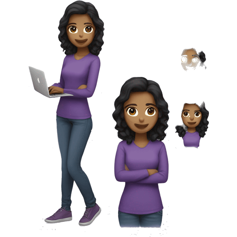 Programmer girl with black wavy hair with macbook. With dark brown eyes, and light brown skin, and a dark purple shirt emoji