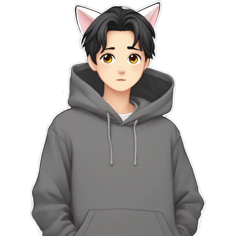 Gorgeous anime style Asian shojo guy with cat ears and blushing face and hoodie aesthetic trending style outside emoji