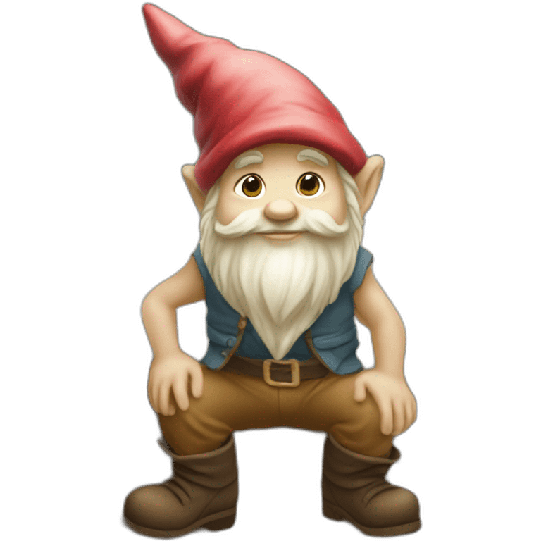 side view of gnome with light tan pants and boots squatting above tiny brown log emoji