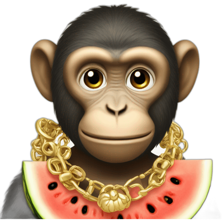 monkey wearing gold jewellry eating watermelon emoji