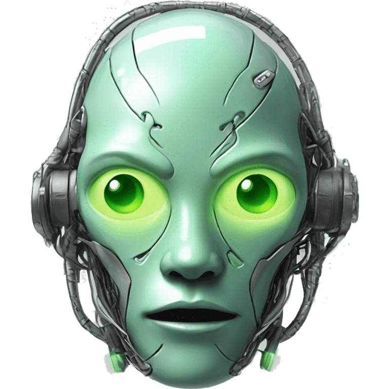 Round Alien cyborg head with glowing wires and green eyes  emoji