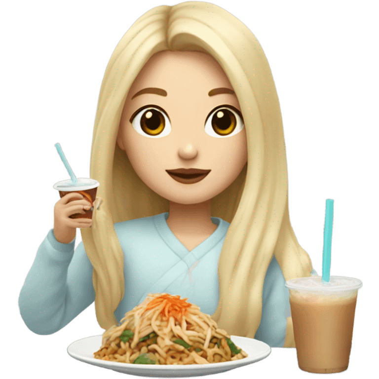  Blonde long hair girl eating Korean food and drinking boba emoji