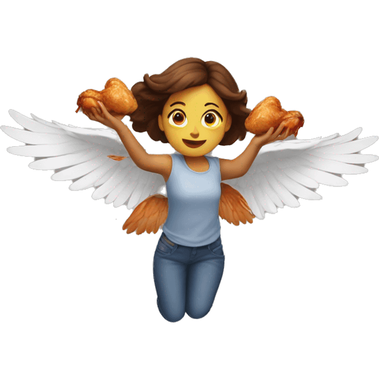 a girl flying with two bbq chicken wings on her back emoji