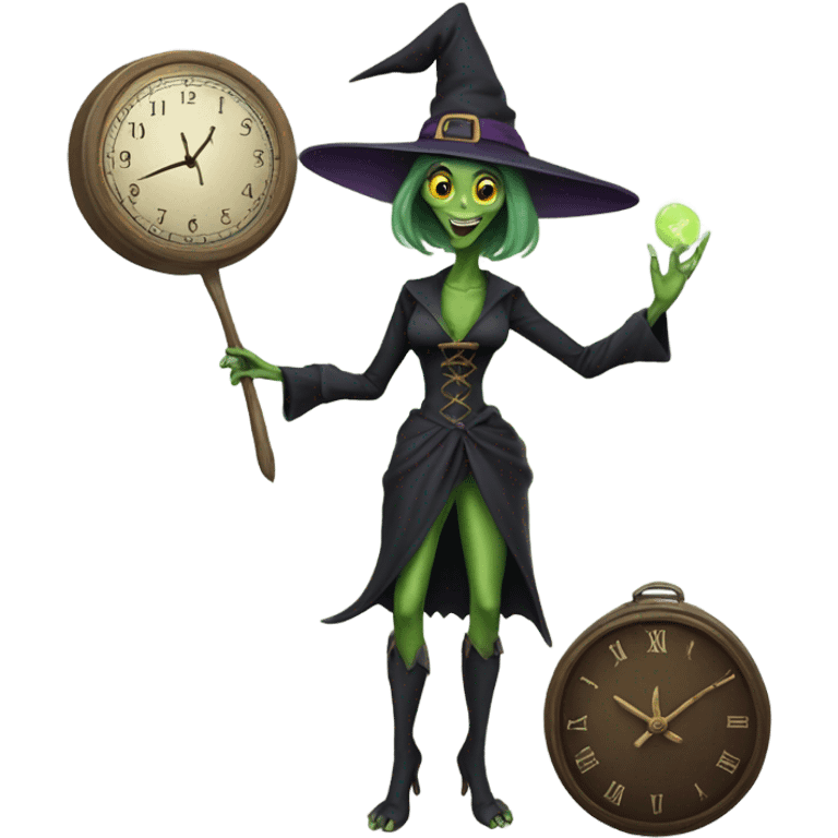 a Reptilian alien woman, as witch, holding holding a big clock, full body, happy emoji