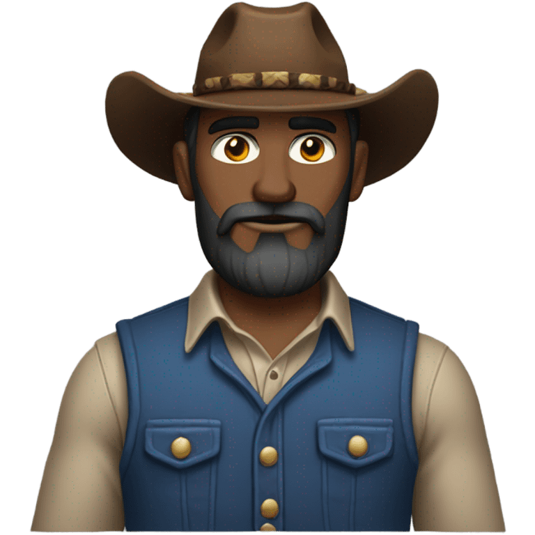 a rugged cowboy with a thick beard, wearing a blue vest over a classic western shirt. He should have a confident stance, showing full torso emoji