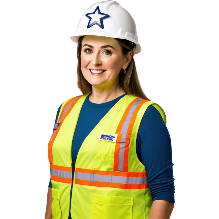 Livvy Dunne is a construction worker wearing a patriotic dress with a neon yellow safety vest over the dress. she also has a hard hat and a patriotic patch on the vest emoji