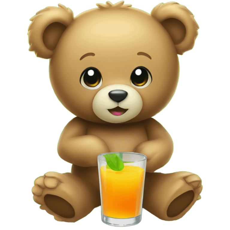 A Teddy bear holding a glass of juice sitting on a patch of green grass emoji