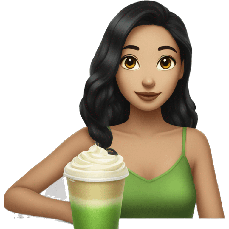 Girl with black hair with matcha latte in hands emoji