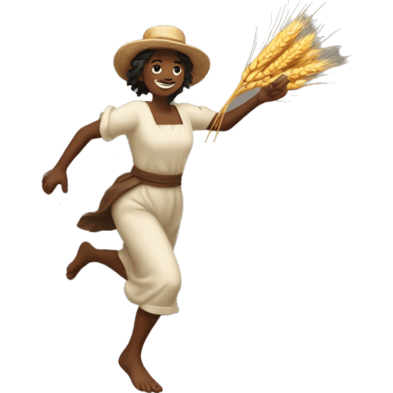 huckleberry Finn harvest goddess sprinting with wheat, with a large stride and arms outstretched emoji