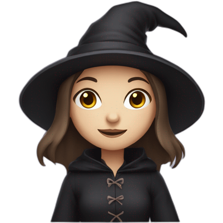 a young white brown thin girl with straight dark hair dressed as a witch emoji