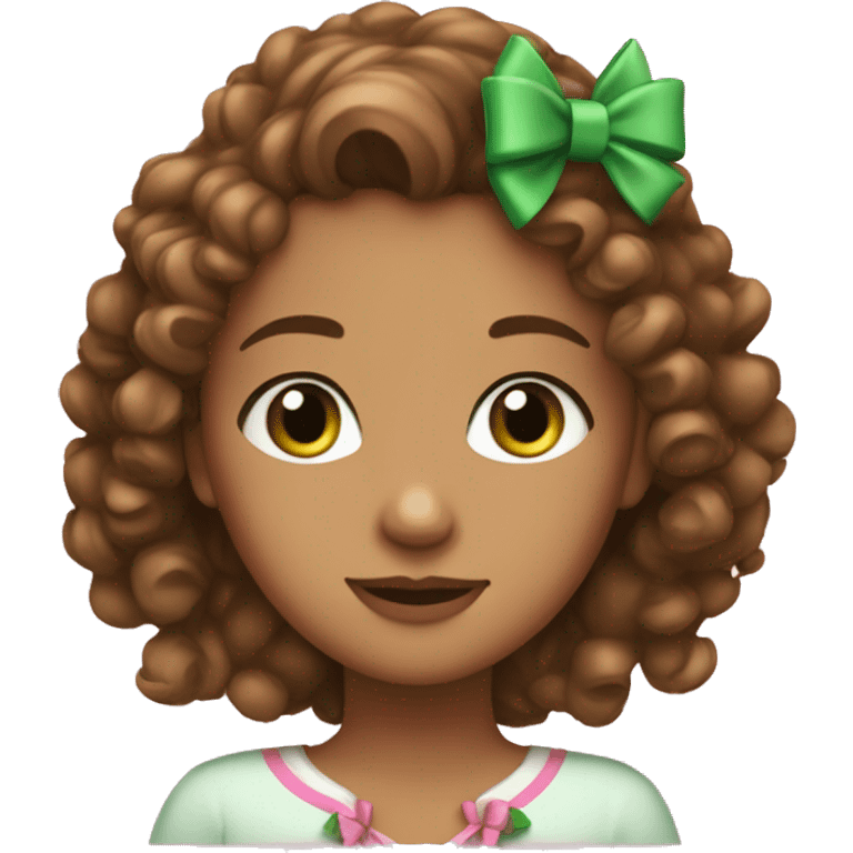 A girl with curly brown hair green eyes and with a pink bow in her hair emoji