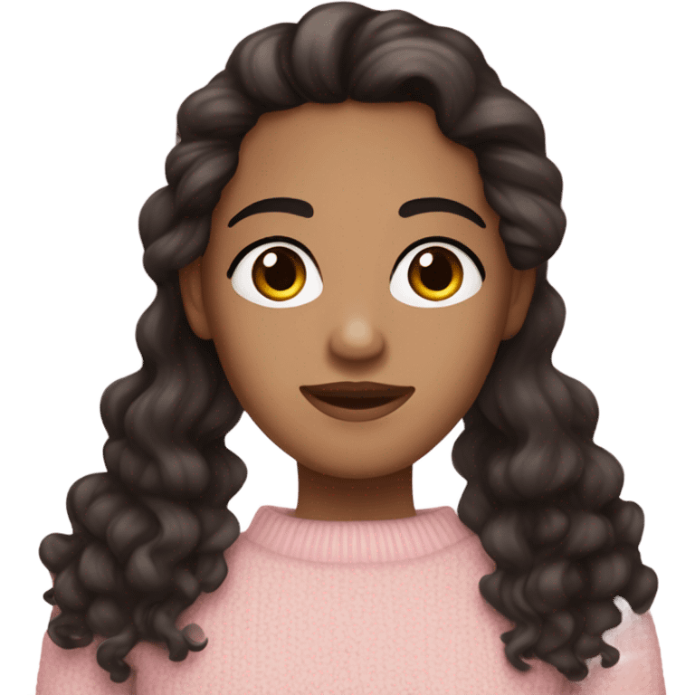 Dark Brown long curly end hair , white skin and dark brown eyes and big lashes wearing a light pink sweater  emoji