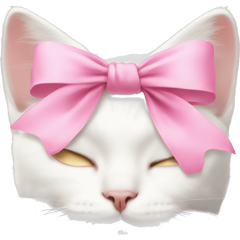 White cat sleeping with pink bow on head emoji