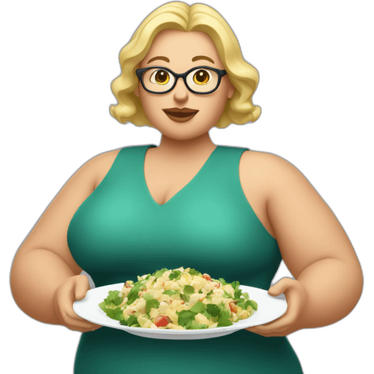 Blonde fat woman with glasses with a large plate of olivier salad emoji