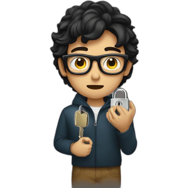 dark-haired young man with glasses struggling to fit a key into a lock emoji